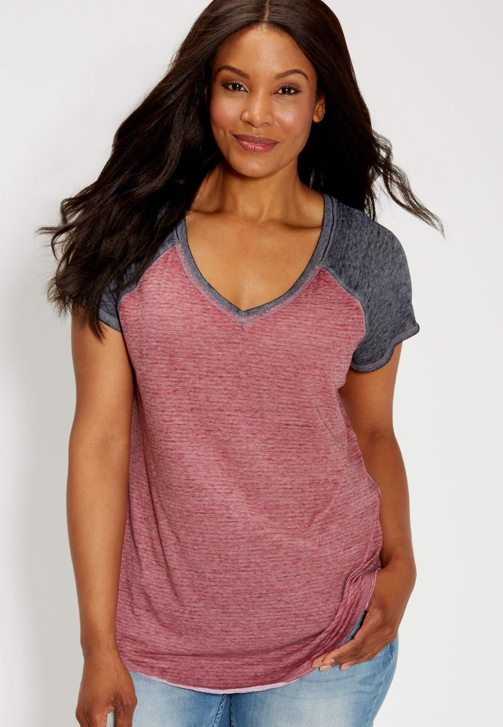 plus size burnwash baseball tee with stripes in rose petal maurices