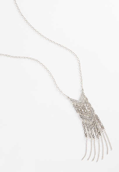 Silvertone Beaded Fringe Pendant Necklace