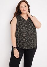 Plus Size Madison Bandana Medallion Button Down Tank Top, C1756, small