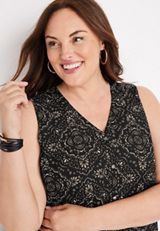 Plus Size Madison Bandana Medallion Button Down Tank Top, C1756, small