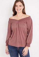Solid Smocked Off The Shoulder Top, C4291, small
