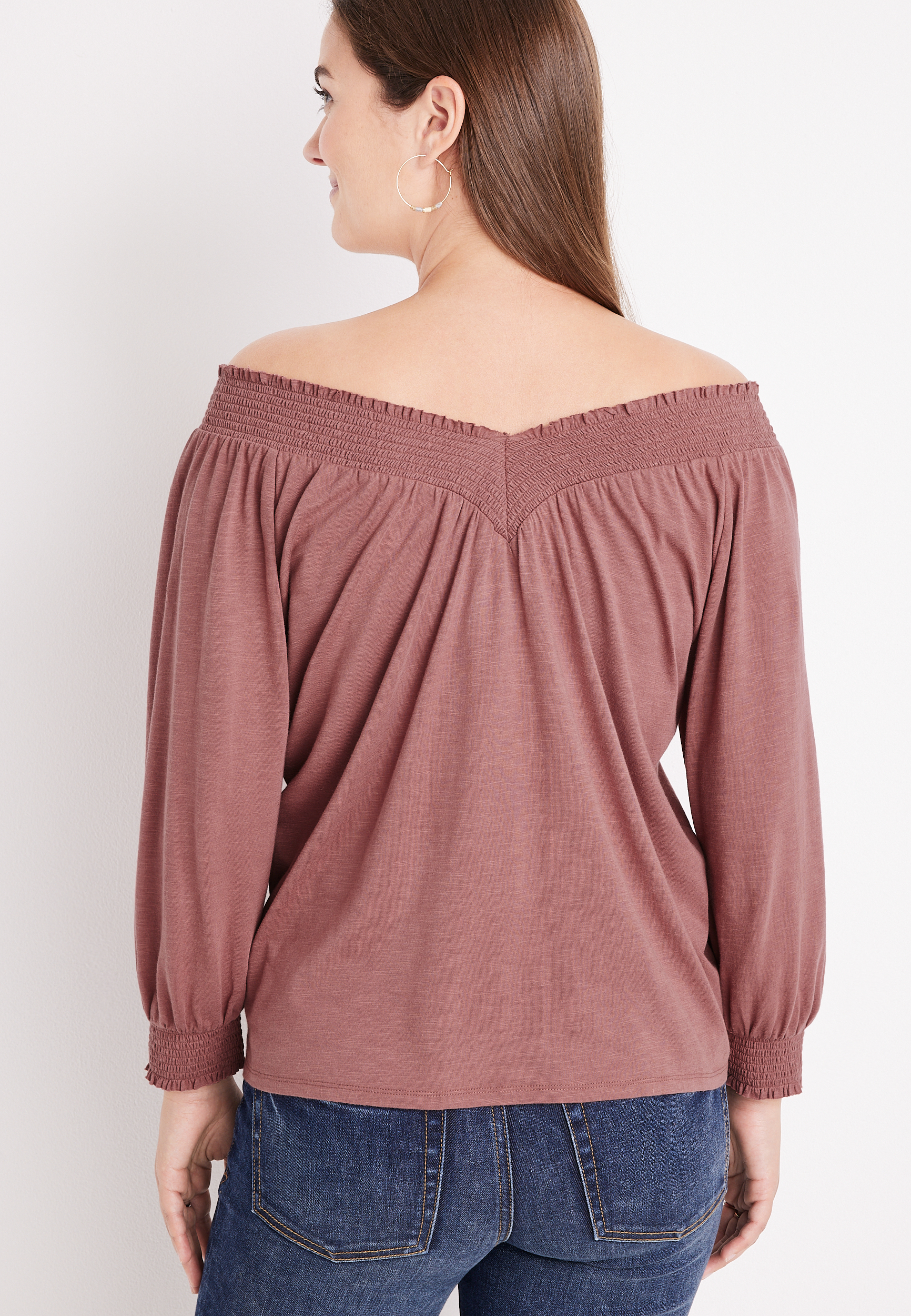 Solid Smocked Off The Shoulder Top, C4291, large