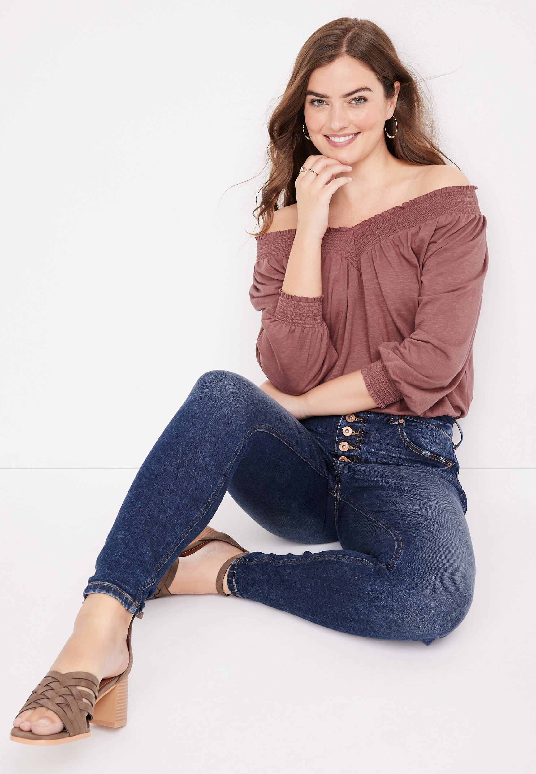 Solid Smocked Off The Shoulder Top, C4291, large