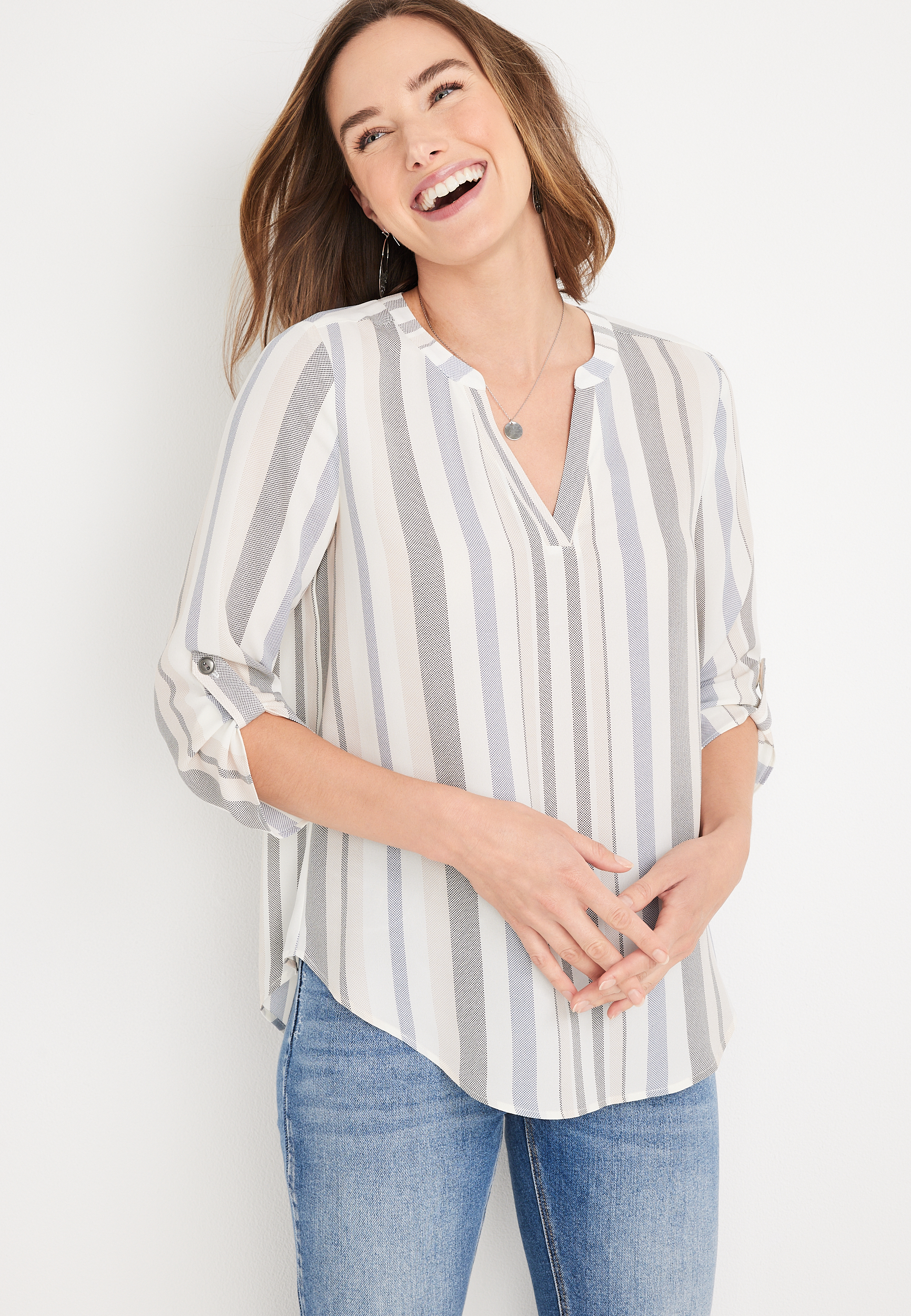 Atwood Striped 3/4 Sleeve Popover Blouse | maurices