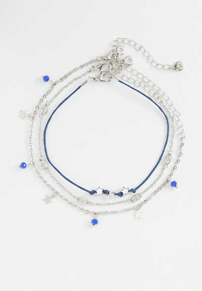 3 Pack Silver and Navy Blue Star Anklets