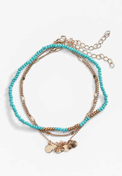 3 Pack Gold and Turquoise Beaded Anklets