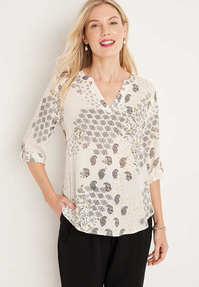Atwood Patchwork Print 3/4 Sleeve Popover Blouse