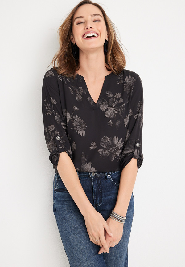 Atwood Black Floral 3/4 Sleeve Popover Blouse | maurices