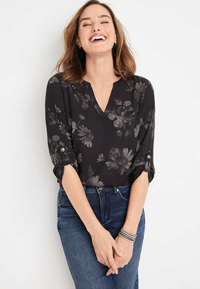 Atwood Black Floral 3/4 Sleeve Popover Blouse