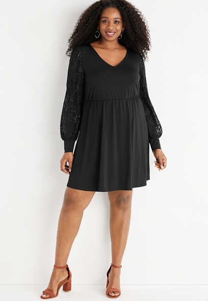 Plus Size Black Lace Sleeve Babydoll Mini Dress
