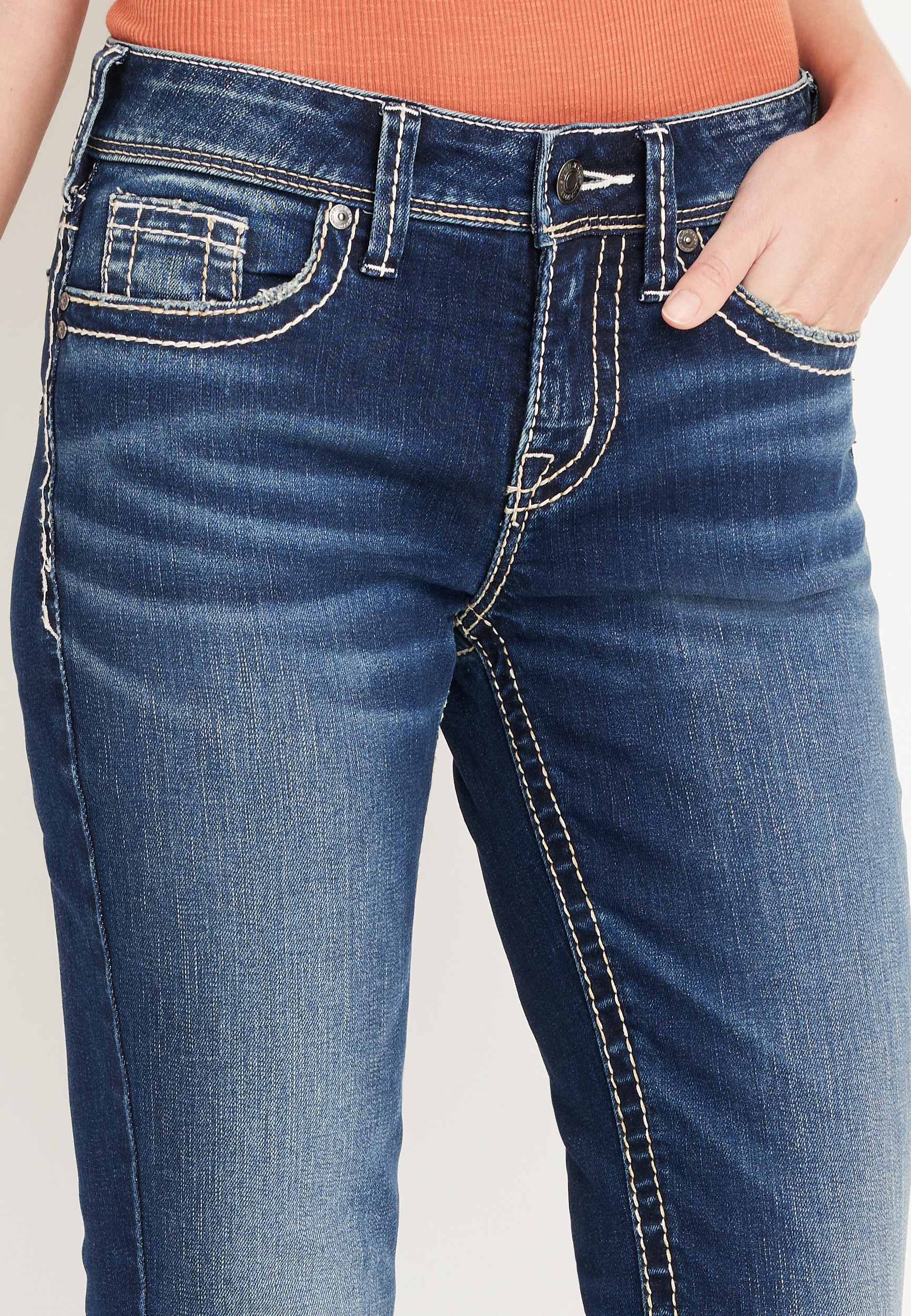 Silver Jeans Co.&reg; Suki Slim Boot Curvy Mid Rise Jean, DARK SANDBLAST, large