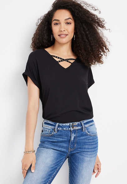 Solid Strappy Stud Dolman Tee