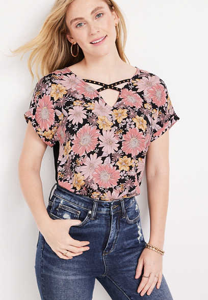 Floral Strappy Stud Neck Dolman Tee