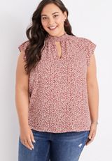 Plus Size Printed Mock Neck Flutter Sleeve Top, C5278, small