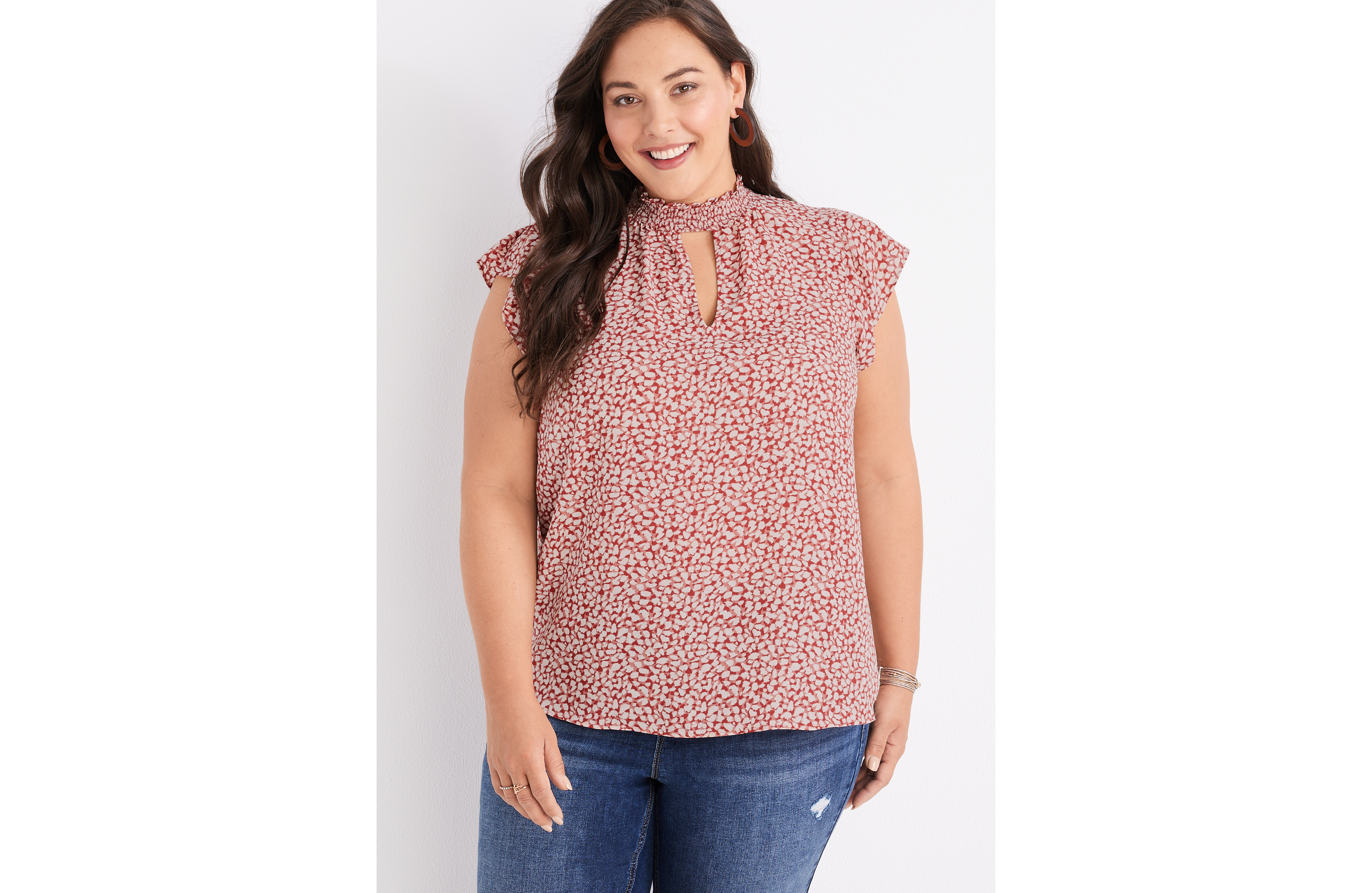 Plus Size Printed Mock Neck Flutter Sleeve Top