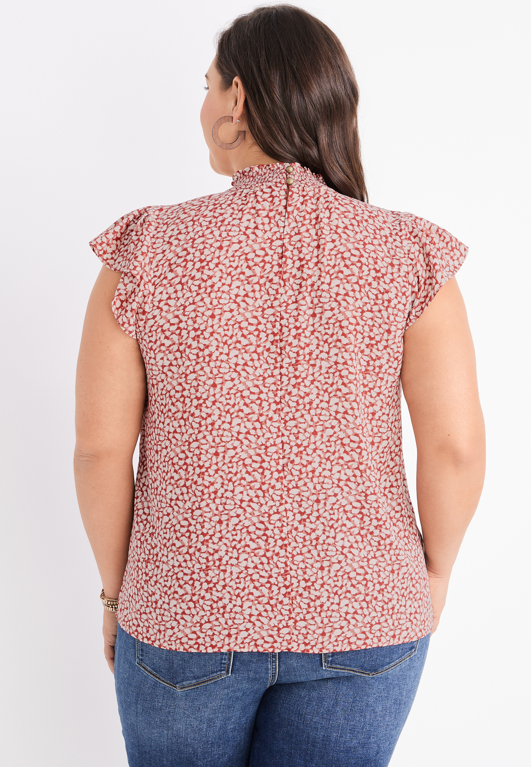 Plus Size Printed Mock Neck Flutter Sleeve Top, C5278, large