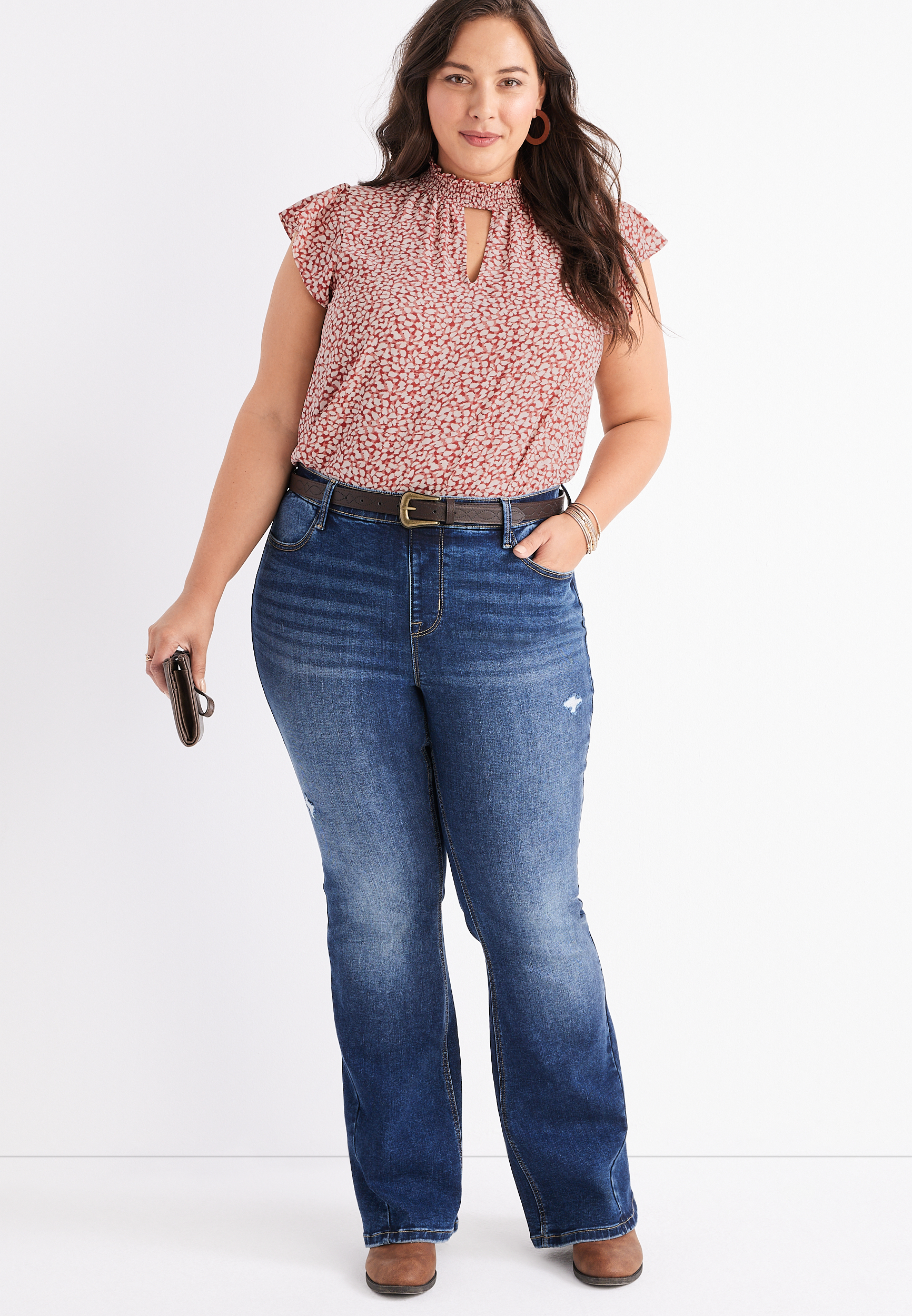 Plus Size Printed Mock Neck Flutter Sleeve Top, C5278, large