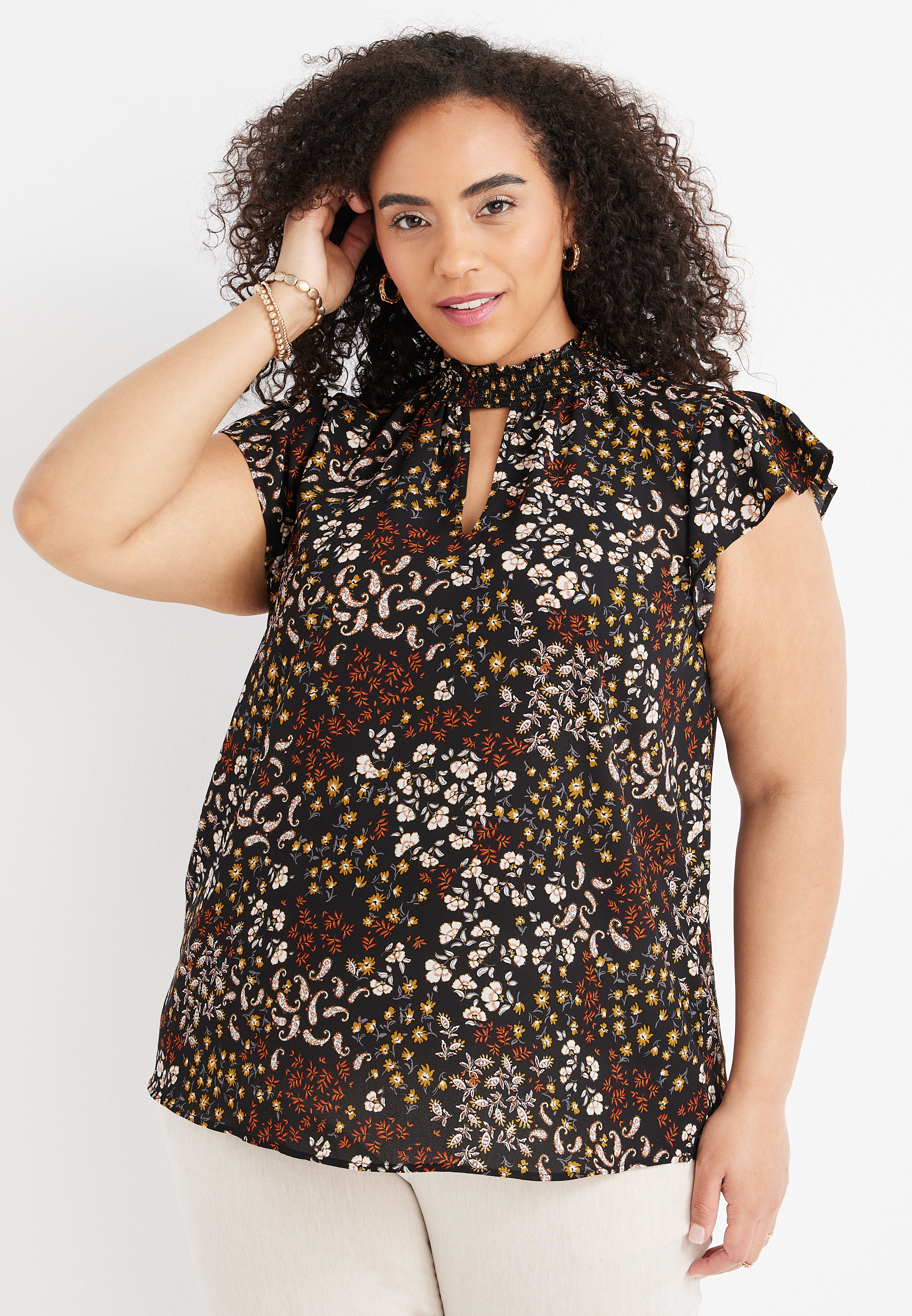 Plus Size Floral Mock Neck Flutter Sleeve Top | maurices