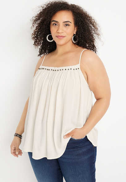 Plus Size Solid Studded High Neck Cami