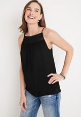 Crochet Trim High Neck Cami, BLACK, small