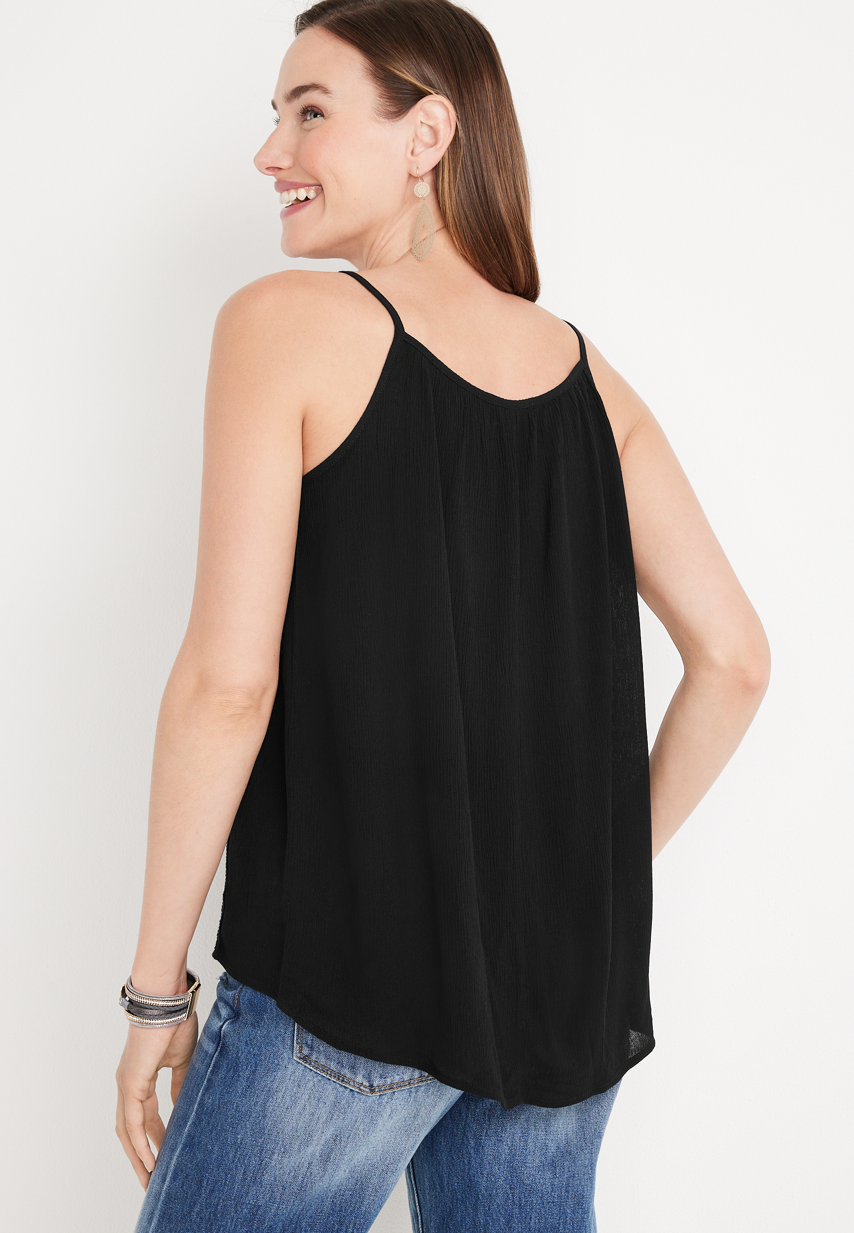 Crochet Trim High Neck Cami, BLACK, large