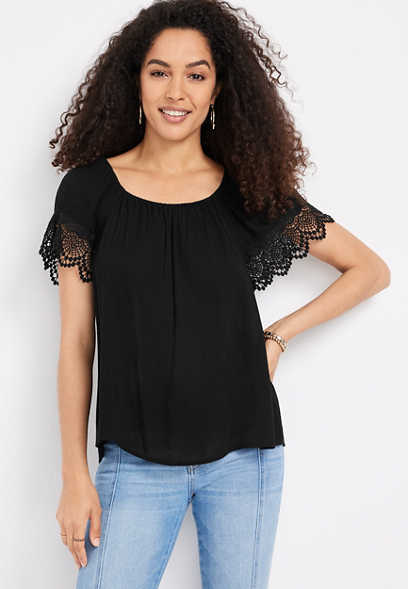Solid Lace Trim Sleeve Top 