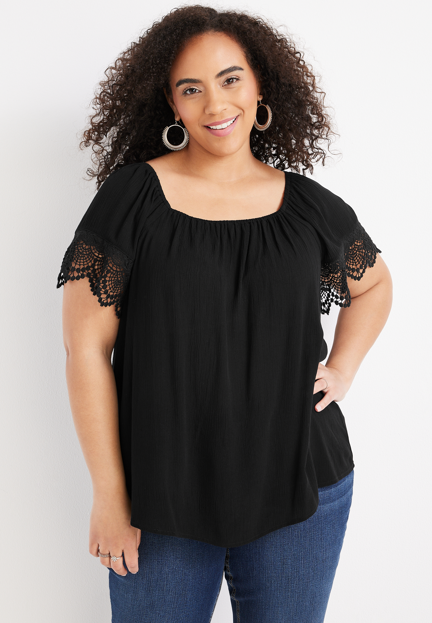 Plus Size Solid Lace Trim Sleeve Top | maurices