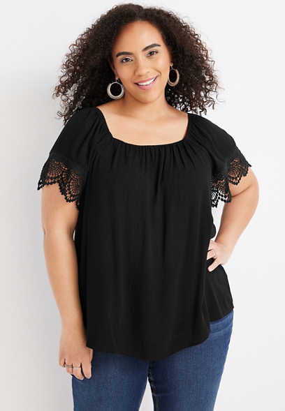 Plus Size Solid Lace Trim Sleeve Top 