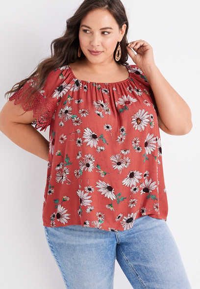 Red Floral Cotton Top Jersey Top Plus Sizes 22-36