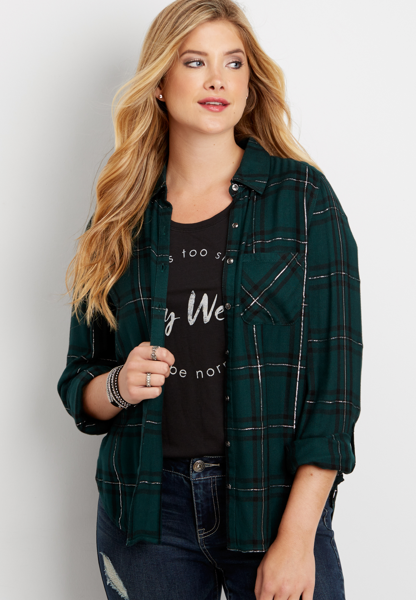 button down plaid shirt with button down back and metallic shimmer ...