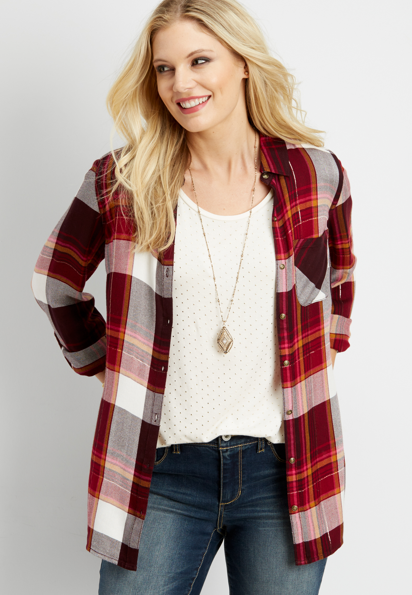 button down plaid shirt with button back and metallic stitching | maurices