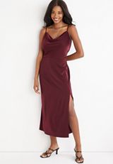 Solid Cowl Neck Satin Midi Dress, , small