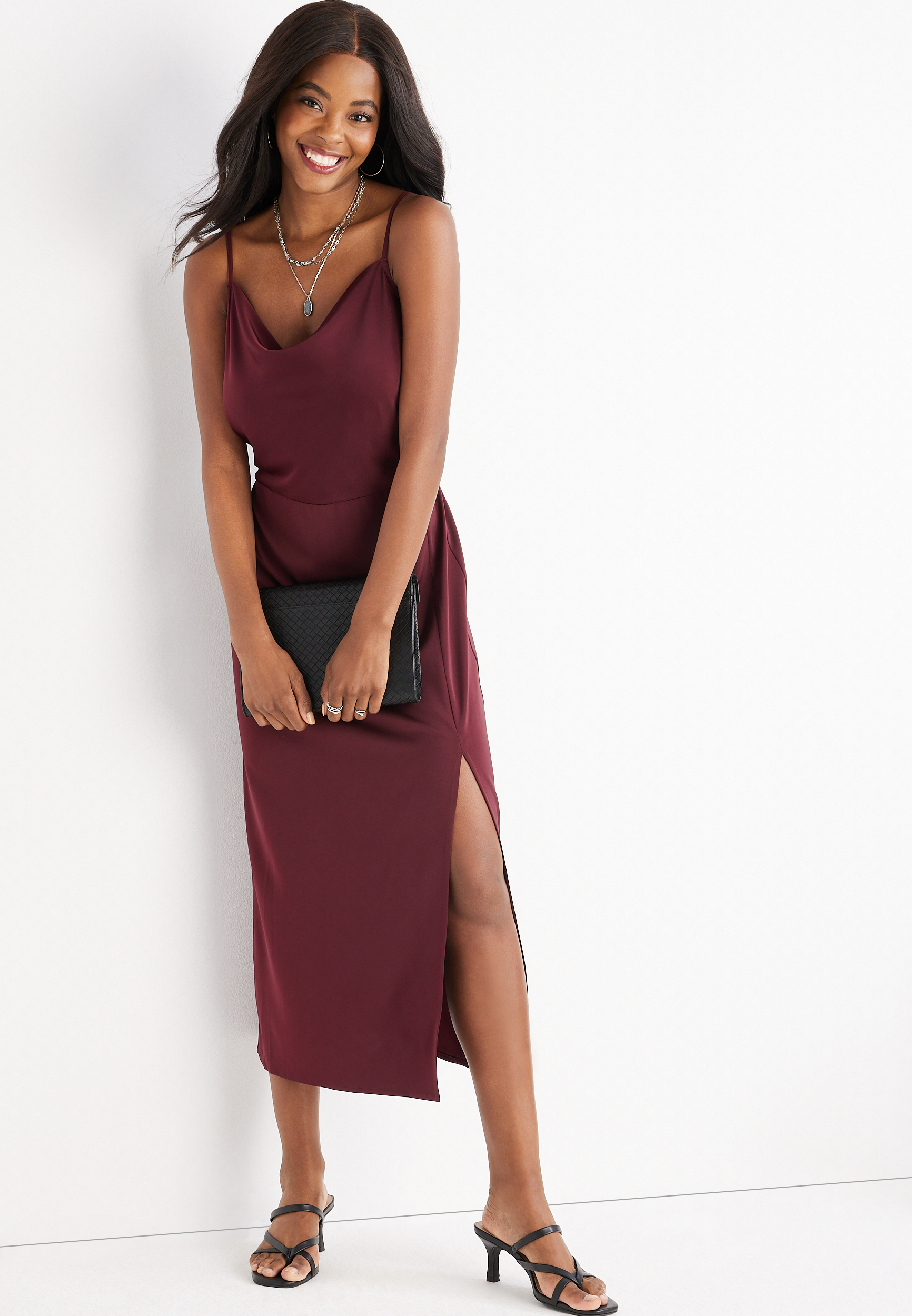 Solid Cowl Neck Satin Midi Dress, , large