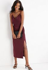 Solid Cowl Neck Satin Midi Dress, , small