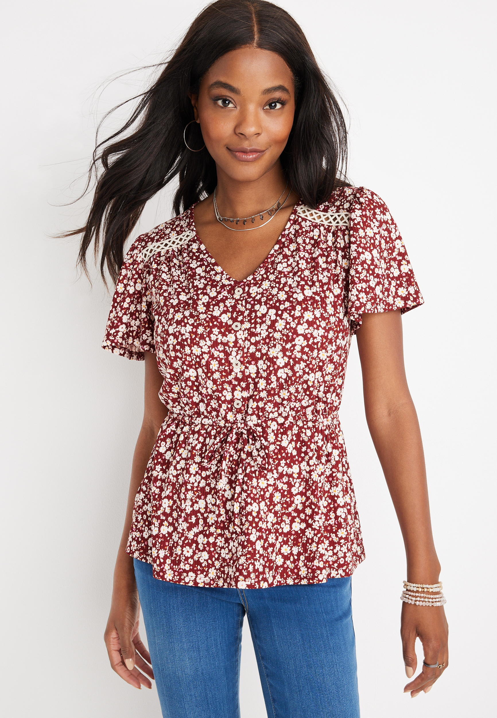 Floral Button Front Peplum Top | maurices