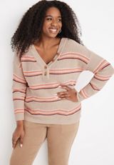 Plus Size Striped Highland Henley Sweater, C1524, small