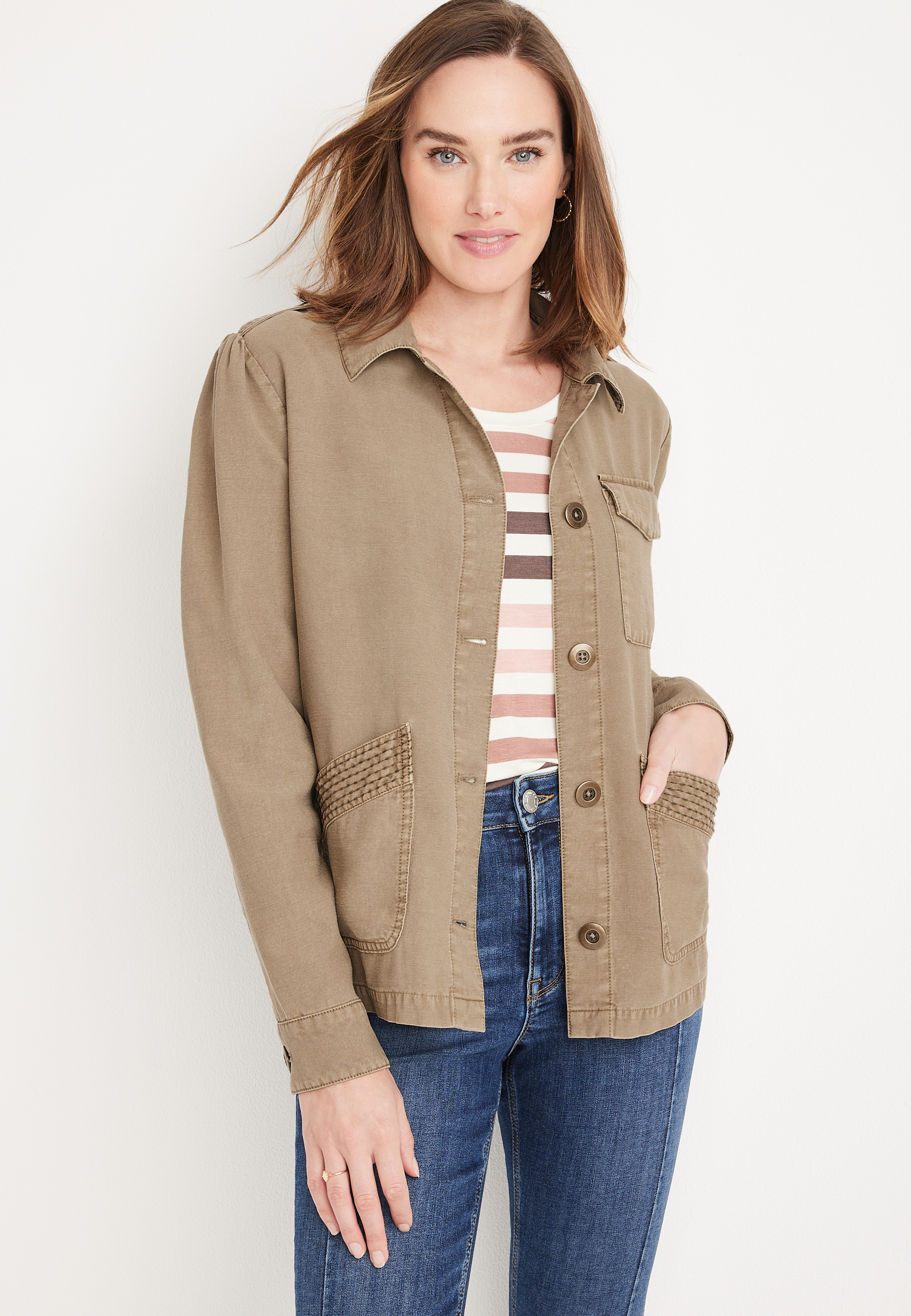 Solid Utility Button Down Jacket | maurices