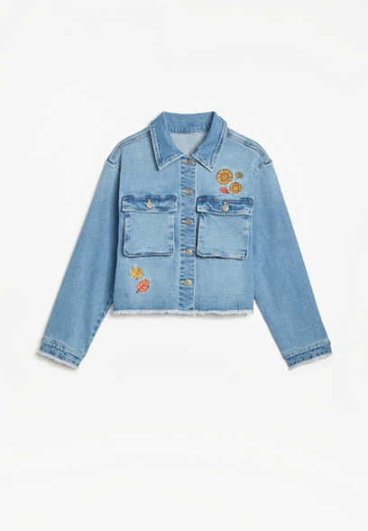 Girls Frayed Leaf Embroidered Denim Jacket