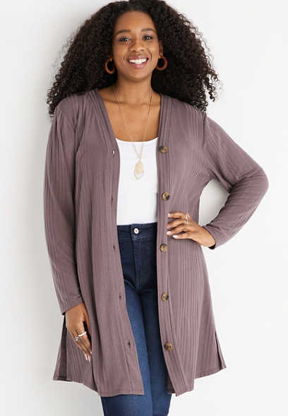 Plus Size Solid Button Front Duster Cardigan