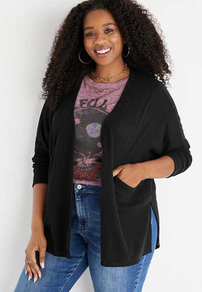 Plus Size Solid Textured Long Sleeve Cardigan