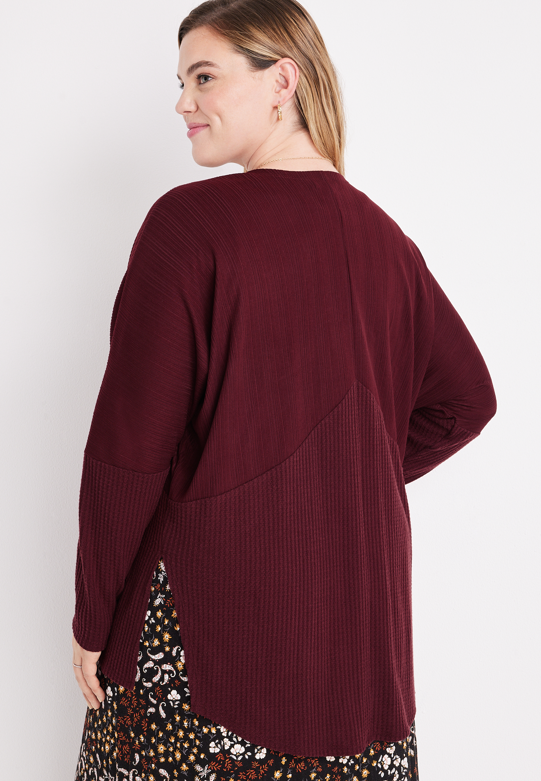 Plus Size Solid Textured Long Sleeve Cardigan, C7089, large