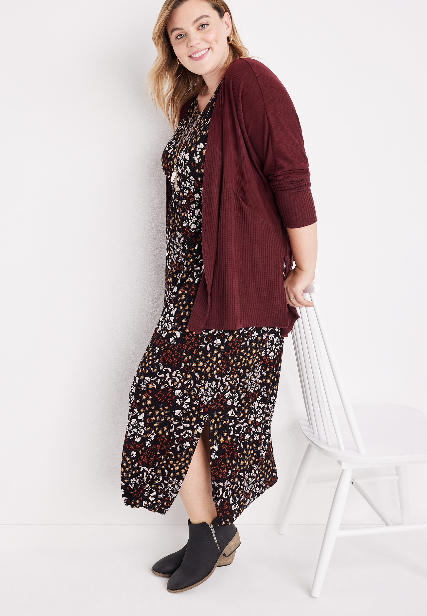 Plus Size Solid Textured Long Sleeve Cardigan, C7089, large
