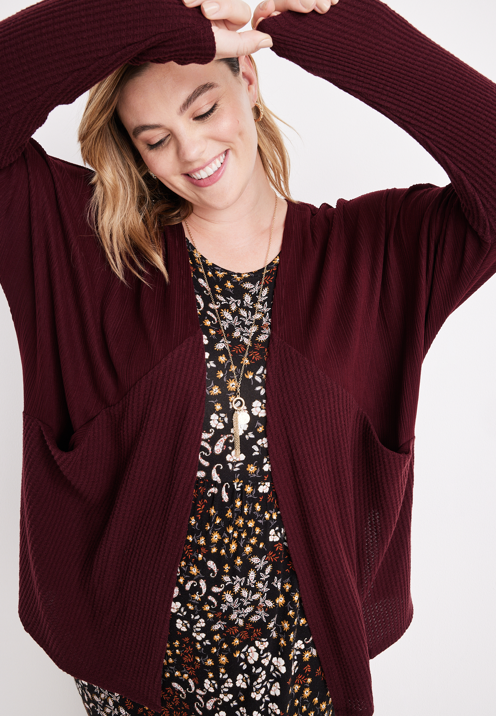 Plus Size Solid Textured Long Sleeve Cardigan, C7089, large