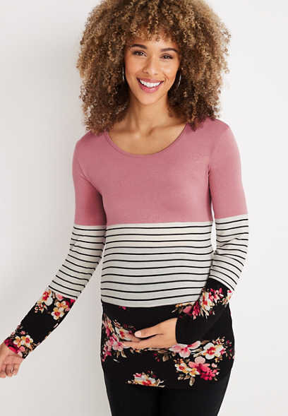 Floral Striped Long Sleeve Maternity Top