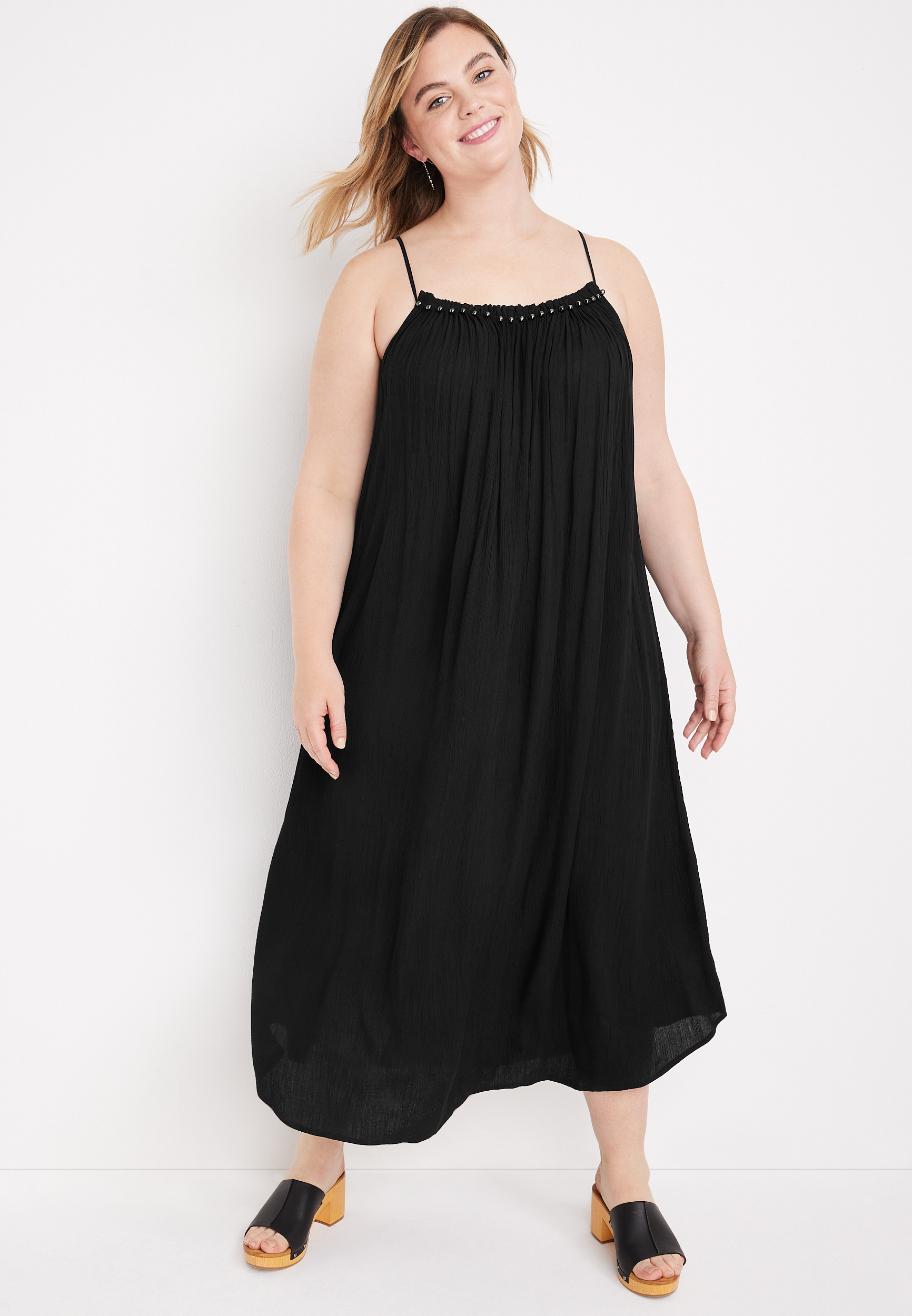 Plus Size Solid Studded Gauze Midi Dress maurices