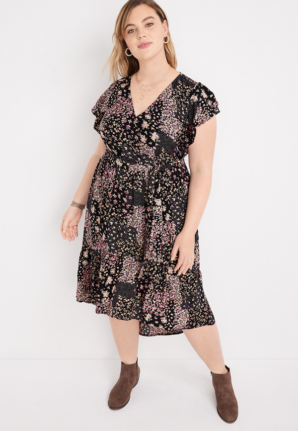 Plus Size Black Floral Flutter Sleeve High Low Midi Dress | maurices