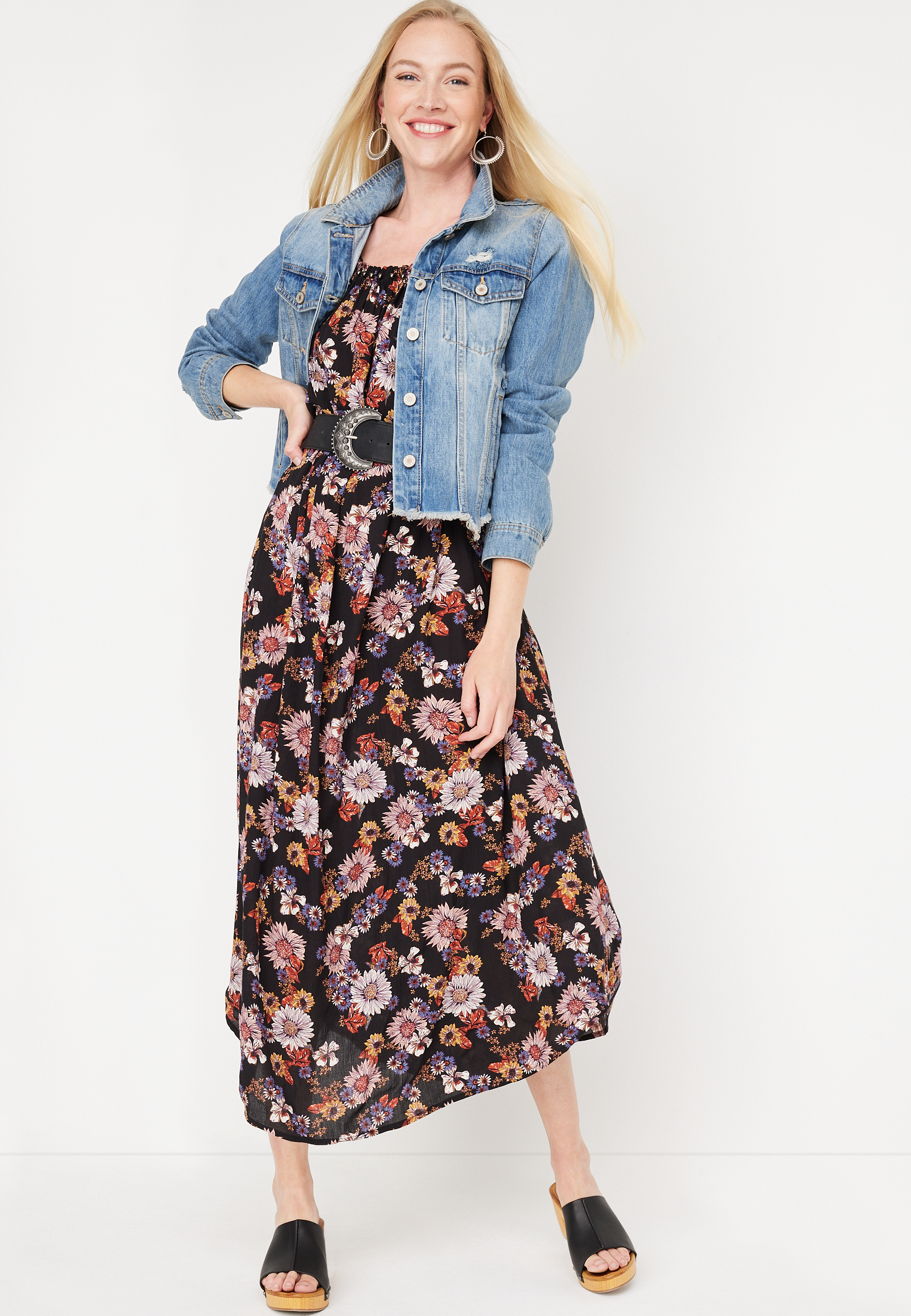 Floral Studded Gauze Midi Dress, BLACK COMBO, large