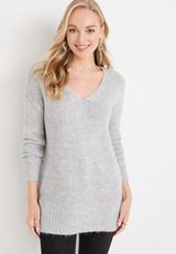 Solid V Neck Sweater, LIGHT HEATHER GRAY, small