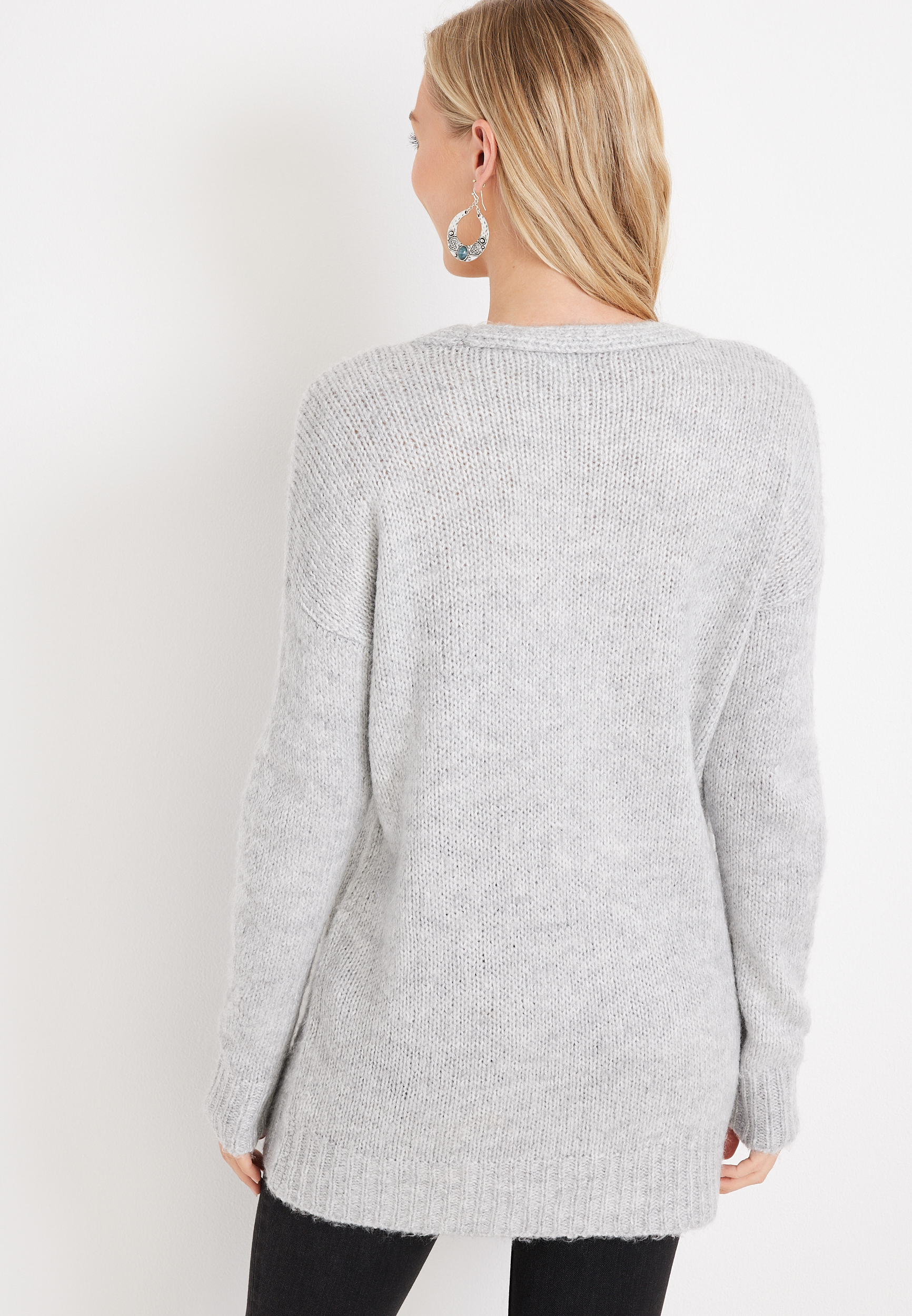 Solid V Neck Sweater, LIGHT HEATHER GRAY, large