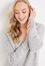 Solid V Neck Sweater, LIGHT HEATHER GRAY, small